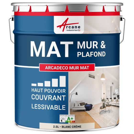 Peinture murale acrylique mate : ARCADÉCO MUR MAT Contenance:2.5 L - Couleur:Blanc Crème - RAL 9001