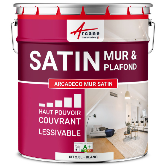 Peinture murale acrylique satin : ARCADÉCO MUR SATIN 2.5 L - Blanc