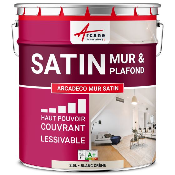 Peinture murale acrylique satin : ARCADÉCO MUR SATIN 2.5 L - Blanc Crème - RAL 9001
