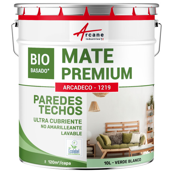 Pintura verde mate para paredes y techos: ARCADECO DE BASE BIOLÓGICA VERDE Verde Blanco - RAL 6019 - 10 L 120m²