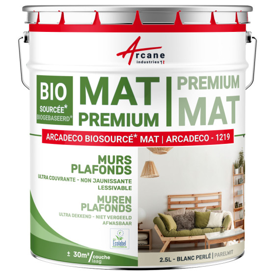 Matte Muur- en Plafondverf: ARCADECO -1219 Parelwit - RAL 1013 - RAL 1013 - 2.5 L 30m²