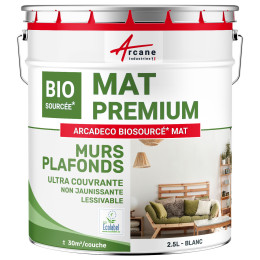 Peinture mate mur et plafond : ARCADÉCO BIOSOURCÉ Blanc - 2.5 L (+ ou - 30m² par couche)