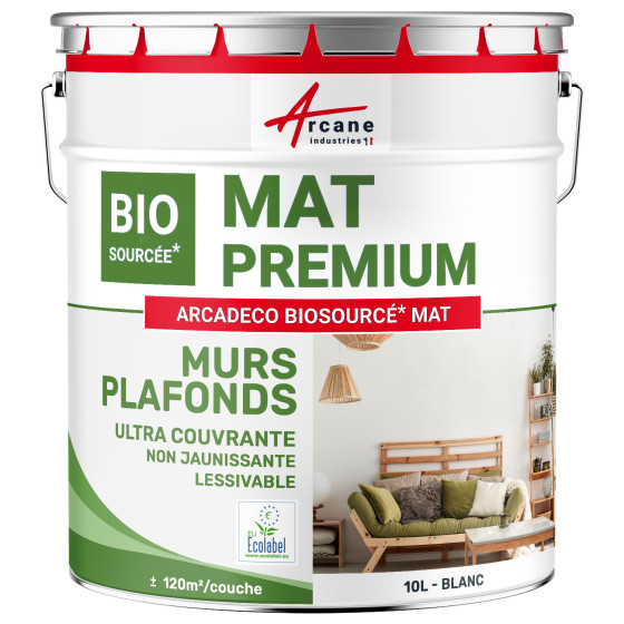 Peinture mate mur et plafond : ARCADÉCO BIOSOURCÉ Blanc - 10 L (+ ou - 120m² par couche)