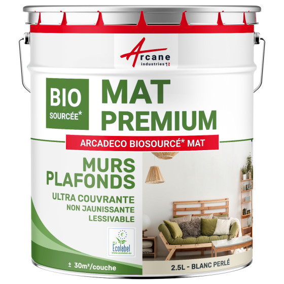 Peinture mate mur et plafond : ARCADÉCO BIOSOURCÉ Blanc Perlé - RAL 1013 - 2.5 L (+ ou - 30m² par couche)