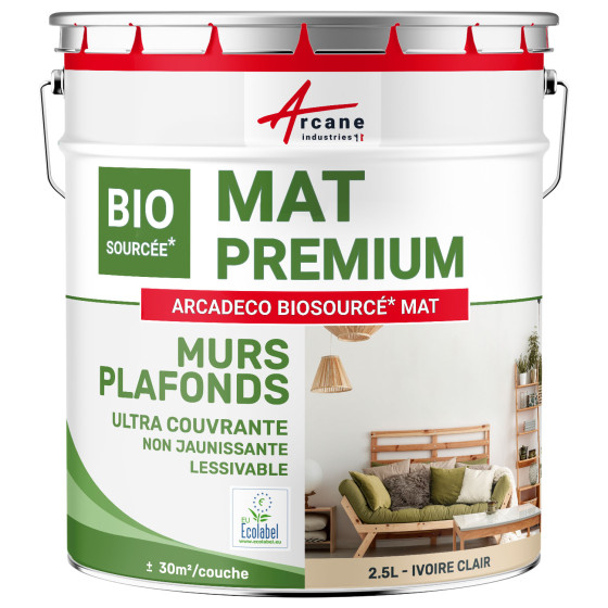Peinture mate mur et plafond : ARCADÉCO BIOSOURCÉ Ivoire Clair - RAL 1015 - 2.5 L (+ ou - 30m² par couche)