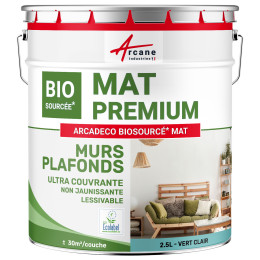 Peinture mate mur et plafond : ARCADÉCO BIOSOURCÉ 2.5 L (+ ou - 30m² par couche) - Vert clair - RAL 6027