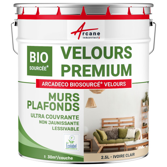 Peinture velours mur et plafond : ARCADÉCO BIOSOURCÉ Ivoire Clair - RAL 1015 - 2.5 L (+ ou - 30m² par couche)