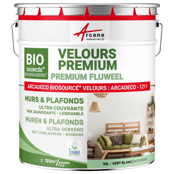 Veloursverf voor muren en plafonds: ARCADECO -1211 Witgroen - RAL 6019 - 10 L + ou - 120m² par couche