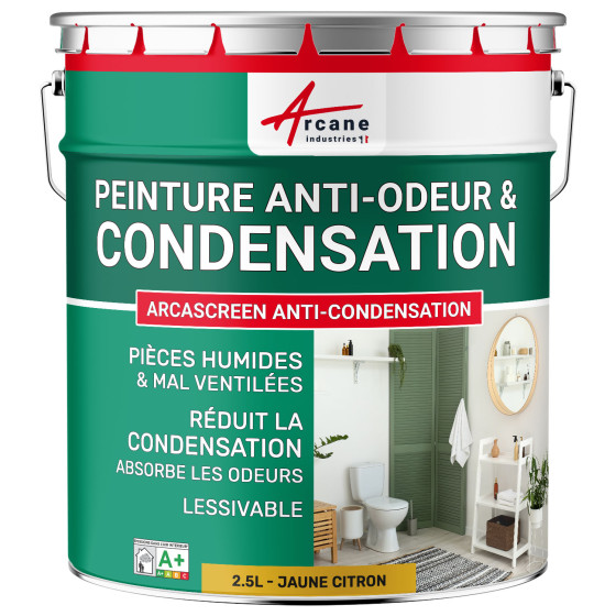 Peinture jaune anti-condensation. anti-odeurs pièce humide : ARCASCREEN ANTI-CONDENSATION 2.5 L - Jaune citron - RAL 1012 Peinture jaune anti-condensation. anti-odeurs pièce humide : ARCASCREEN ANTI-CONDENSATION 2.5 L - Jaune citron - RAL 1012