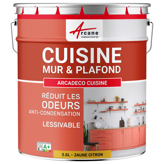 Peinture cuisine jaune lavable. mur et plafond : ARCADÉCO CUISINE 2.5 L - Jaune citron - RAL 1012 Peinture cuisine jaune lavable. mur et plafond : ARCADÉCO CUISINE 2.5 L - Jaune citron - RAL 1012
