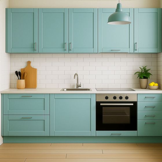 Peinture meuble bleu de Cuisine, plan de travail et Salle de Bain - ARCAPOXY MEUBLE - Mise en situation - Turquoise Pastel