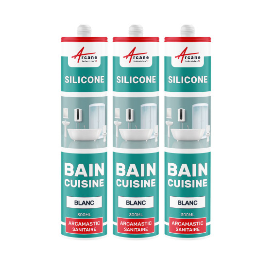 Joint pour salle de bain : Silicone douche baignoire lavabo  - ARCAMASTIC SANITAIRE - Blanc - 300 ml x 3