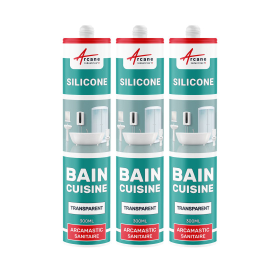 Joint pour salle de bain : Silicone douche baignoire lavabo  - ARCAMASTIC SANITAIRE - Transparent - 300 ml x 3