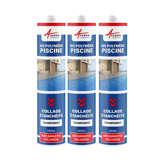 Mastic Polymère Piscine Collage / Étanchéité : ARCAMASTIC POLYMERE PISCINE - Transparent - 290 ml x 3