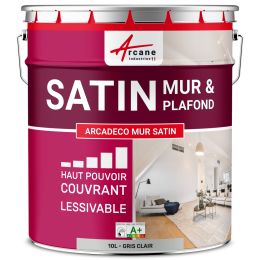 Peinture murale acrylique satin grise : ARCADÉCO MUR SATIN 10 L - Gris Clair - RAL 7035