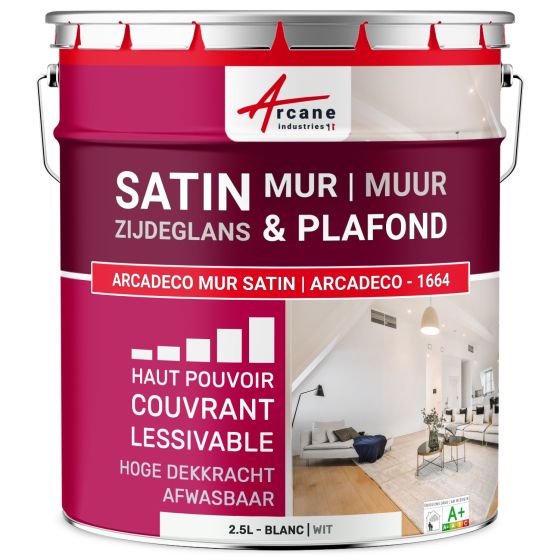 Satijn acrylverf voor muur en plafond: ARCADECO - 1664 Wit - 2.5 L