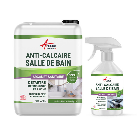 Nettoyant Salle de Bain Anti-Calcaire Naturel - Certifié Ecocert : ARCANET Sanitaire - 5 L + recharge 500 ml vide