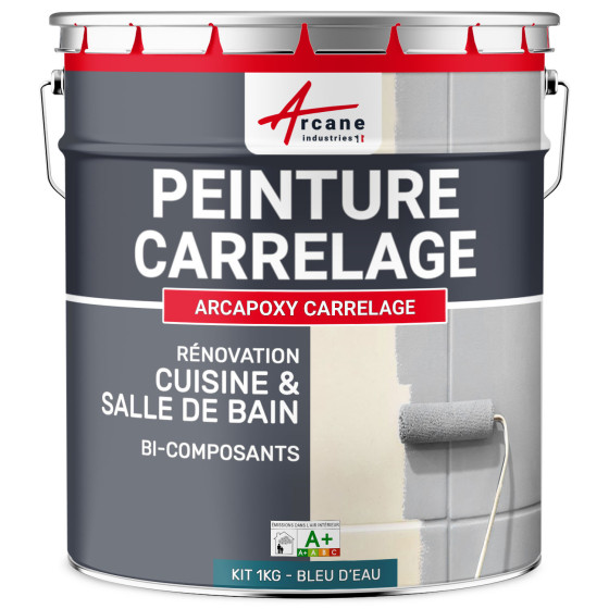 PEINTURE CARRELAGE CUISINE ET SALLE DE BAIN  - RÉSINE CARRELAGE-Kit1Kg-Ral-5021-Bleu-D'eau-Aspect / Couleur