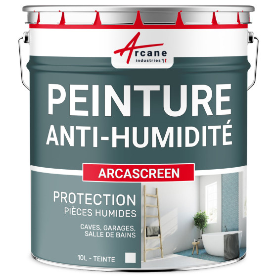 Peinture anti humidité pour des murs humides de salle de bain ou cave : ARCASCREEN-10L-jusqua-40m2-Blanc-Couleur / Aspect Peinture anti humidité pour des murs humides de salle de bain ou cave : ARCASCREEN-10L-jusqua-40m2-Blanc-Couleur / Aspect